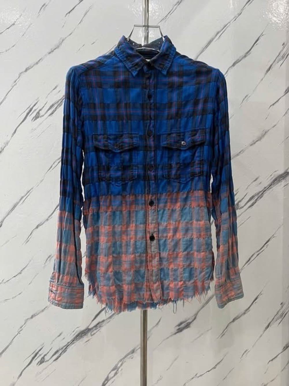 Saint Laurent Blue and Coral Ombre Plaid Button-Down Shirt